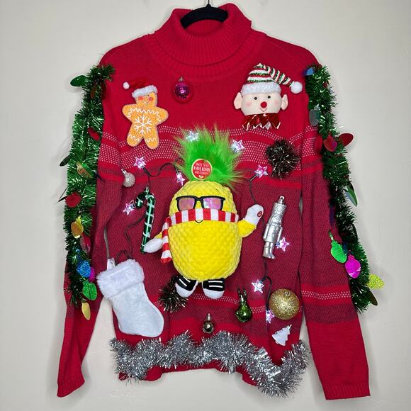 Ugly Christmas Sweater Singing Tropical Pineapple LIGHTS UP Tinsel Party Winner - Picture 1 of 5